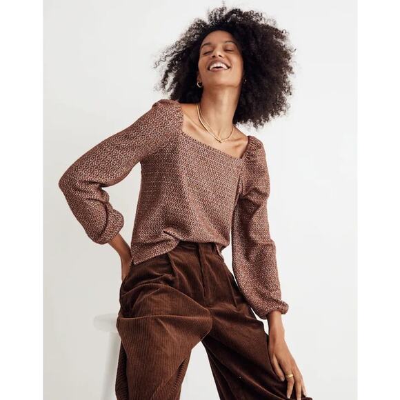 Madewell Jacquard Puff-Sleeve Crop Top Dark Merlot Large Casual Fall Staple - Picture 3 of 13